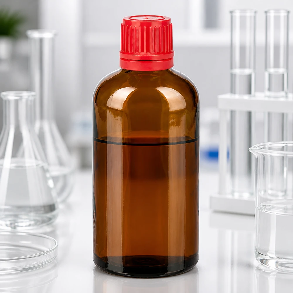 UV-skyddande bärnstensfärgad glasflaska 100 ml med rött lock för ljuskänsliga ämnen