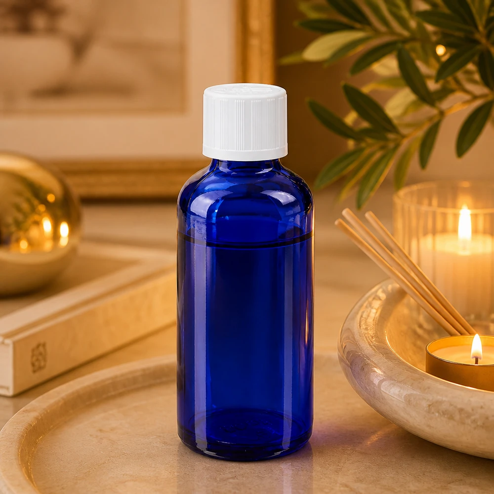 Blå glasflaska på 50 ml med vitt skruvlock och barnsäker förslutning i en wellness-miljö