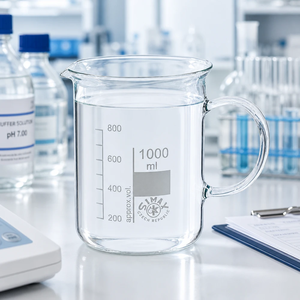 Bägare 1000 ml borosilikatglas, med handtag Cylindrisk laboratoriebägare på 1000 ml med handtag på en vit laboratoriebänkskiva bredvid en buffertlösning