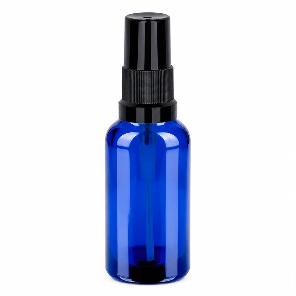 30ml Sprayflaska svart standardlock BlueLine UT18/30 30 ml sprayflaska blå med svart pumphuvud för eteriska oljor och kosmetika