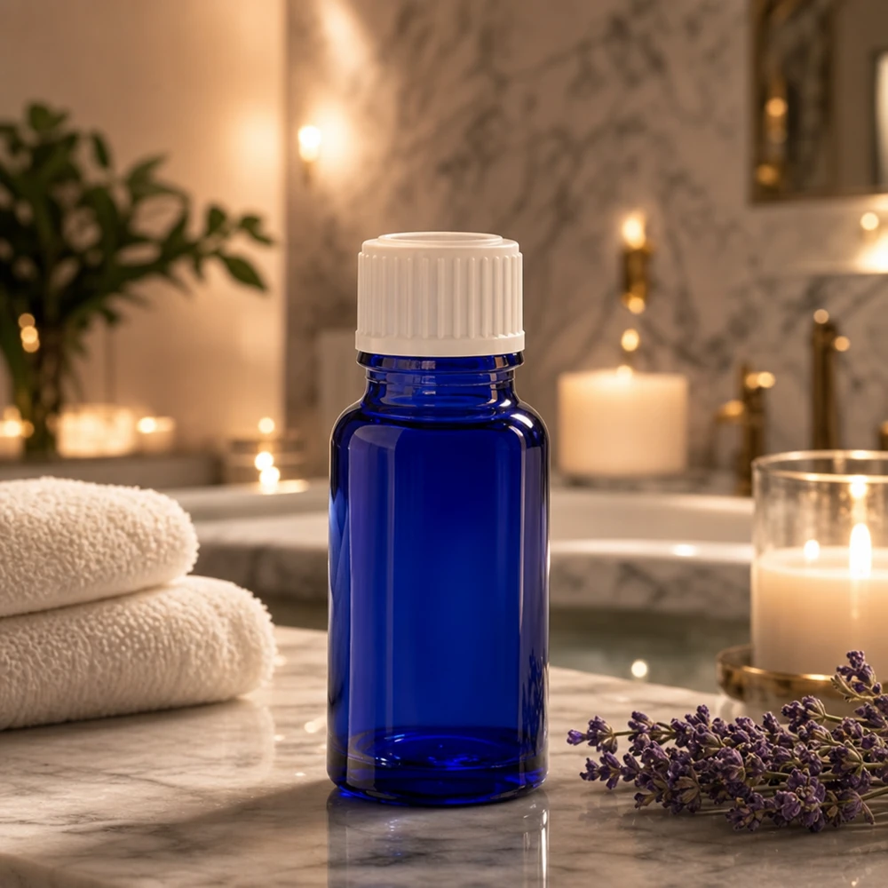 Apoteksflaska blå 10ml skruvkork vita globules standard 10 ml glasflaska i koboltblått med en 3 mm öppning och vit apotekskork i spa-utförande