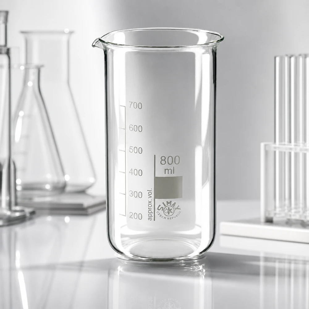Genomskinligt laboratoriebägareglas, 800 ml, hög form, tillverkat av värmetåligt borosilikatglas från SIMAX