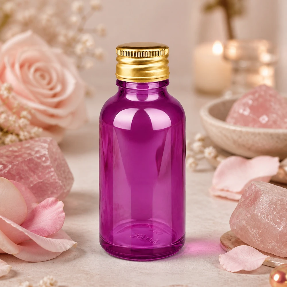 30ml flaska 11mm skruvkork aluminium guld standard PurpleLine. UT18/30 Högkvalitativ 30 ml glasflaska i premiumlila med korrosionsbeständigt aluminiumlock för lång hållbarhet