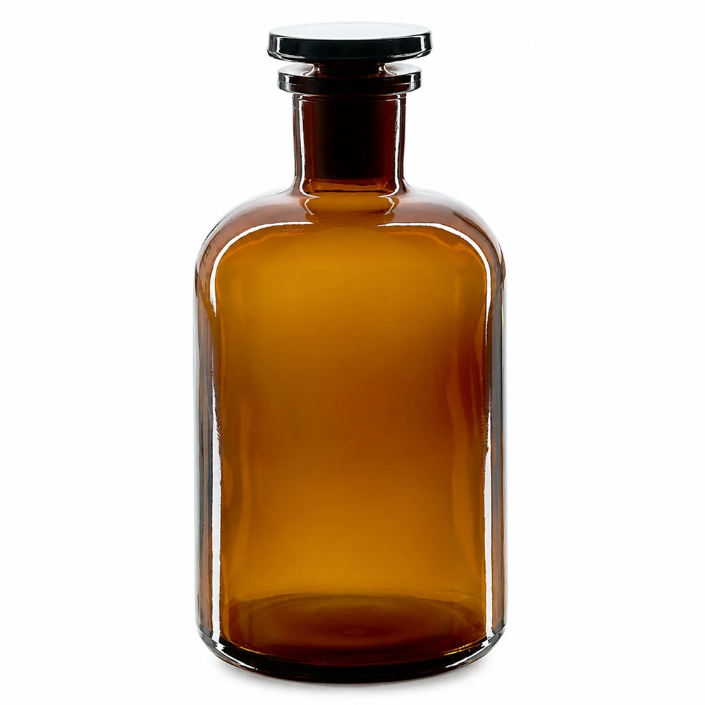 Brun rundskuldrad flaska, 500 ml, med glaspropp och smal hals för laboratoriebruk