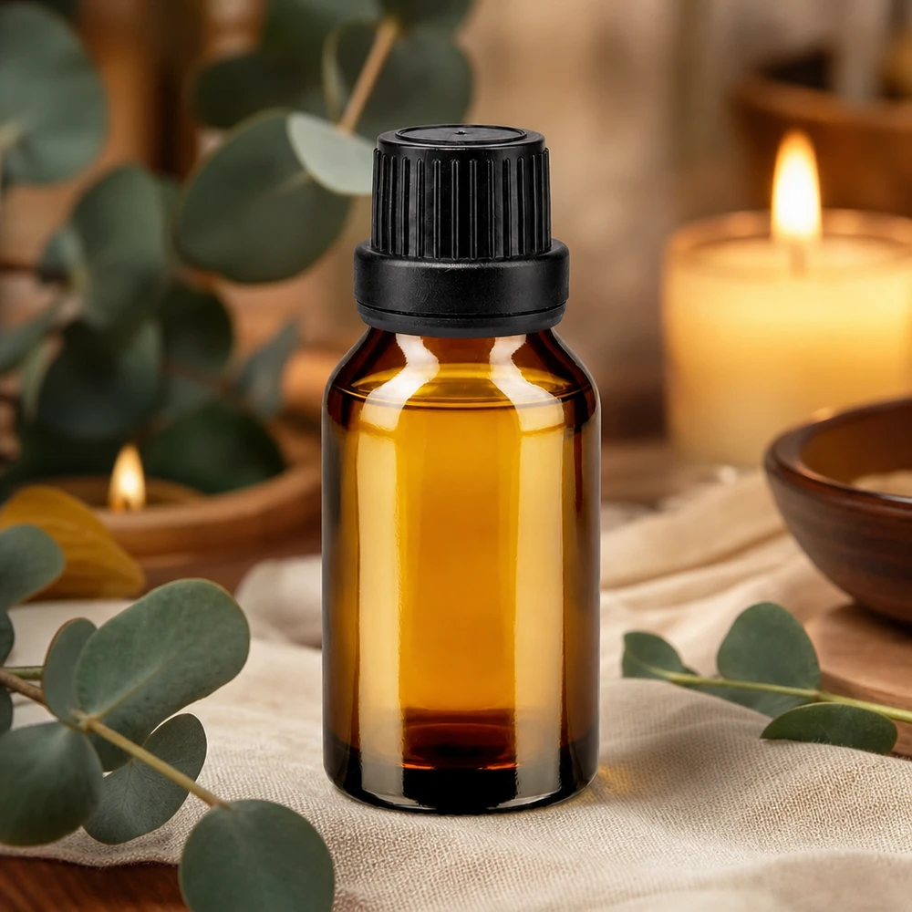 Apoteksflaska brun 15ml droppflaska med hällring 2 mm svart säkerhetsförslutning Bärnstensfärgad glasflaska på 15 ml med svart skruvlock för eteriska oljor