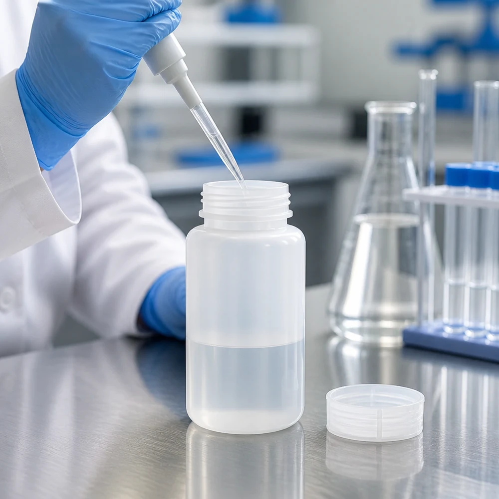 1000 ml laboratorieflaska med vid hals och skruvkork En laboratorietekniker pipetterar vätska i en 1000 ml HDPE-laboratorieflaska med vid hals och öppnad skruvkork