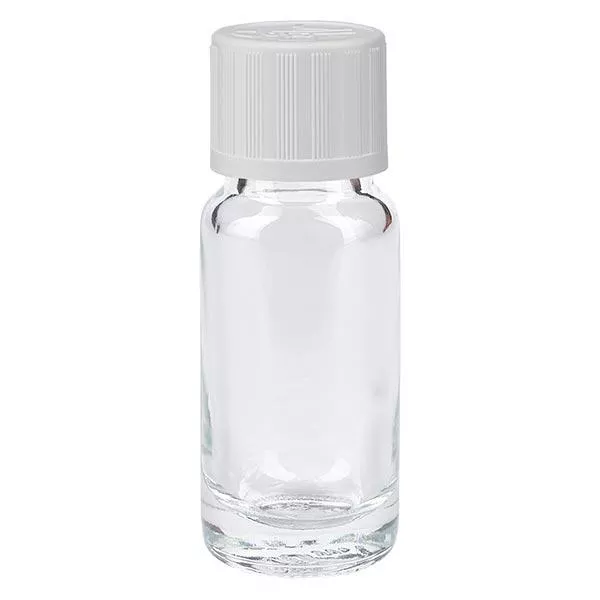 Apoteksflaska klar 10ml skruvkork vit barnsäker standard Apoteksflaska klar 10ml skruvkork vit barnsäker standard