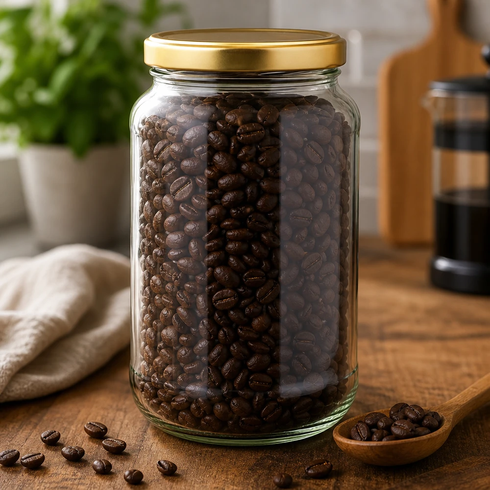 1700 ml rund burk med gyllene BasicSeal-lock fylld med kaffebönor på träskiva i kök visar förvaring