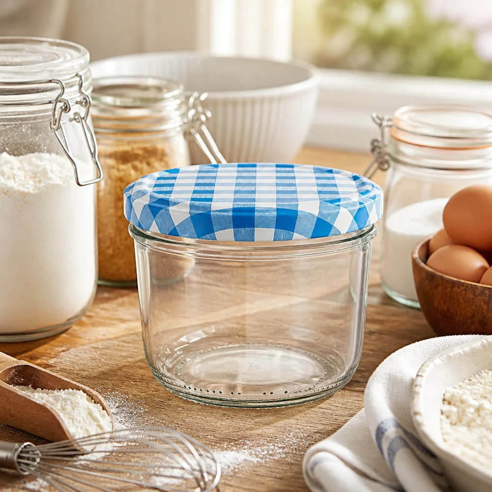 230 ml Krossade glasögon + BasicSeal-lock blå/vit UNiTWIST 230 ml murarburk med blå- och vitrutigt BasicSeal-lock på ett träbord mellan bakingredienser och ägg