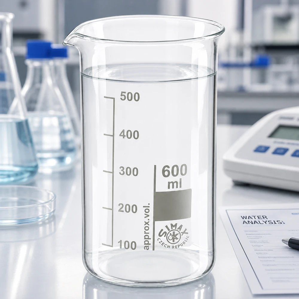 Bägare 600ml borosilikatglas, hög form Simax-bägare, 600 ml, hög modell, borosilikatglas, med klart vatten på ett vitt laboratoriebord