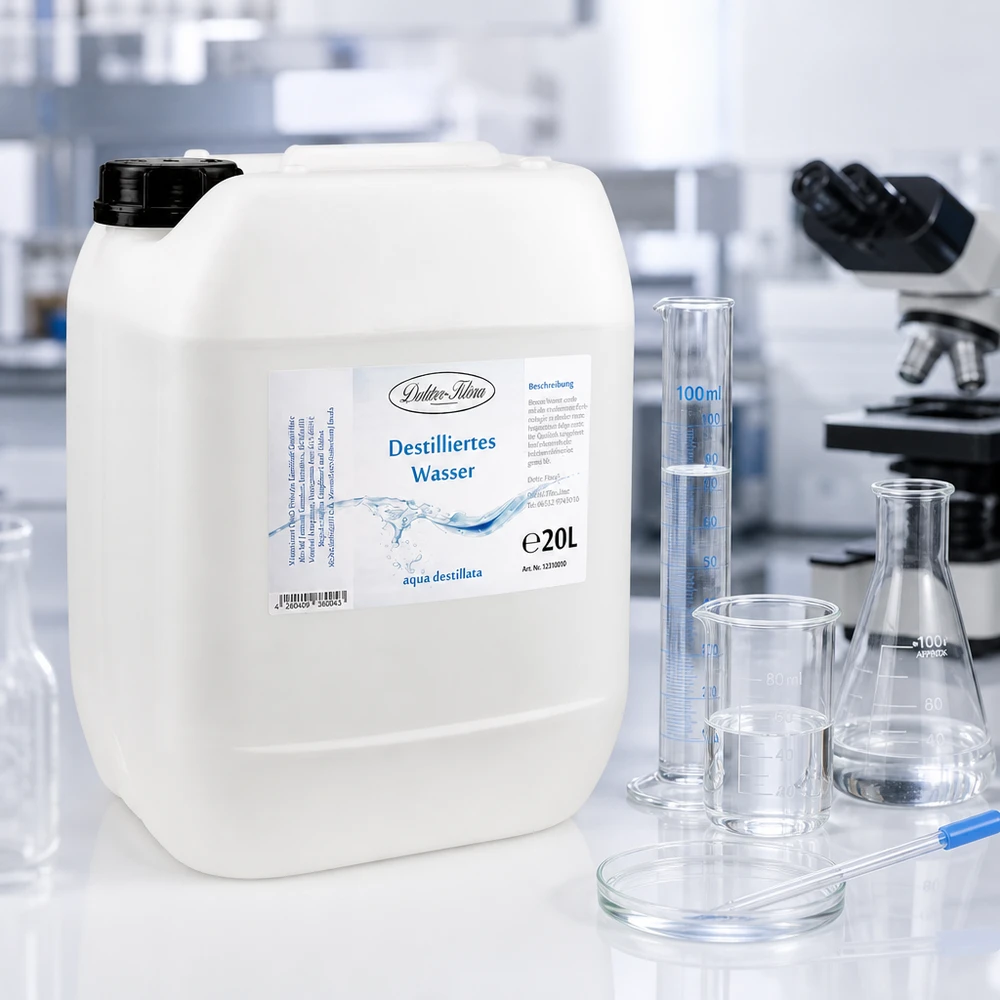Destillerat vatten 20L Doktor-Klaus 20 liter destillerat vatten Doktor Klaus i en genomskinlig laboratoriemiljö med glasvaror och mikroskop