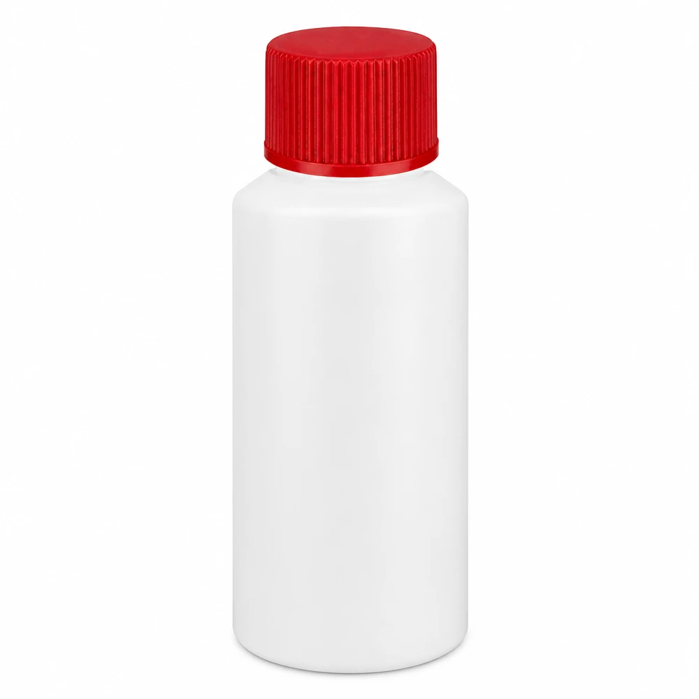 Apoteksflaska HDPE 30ml vit, med rött skruvlock Apoteksflaska i HDPE, 30 ml, vit med rött skruvlock