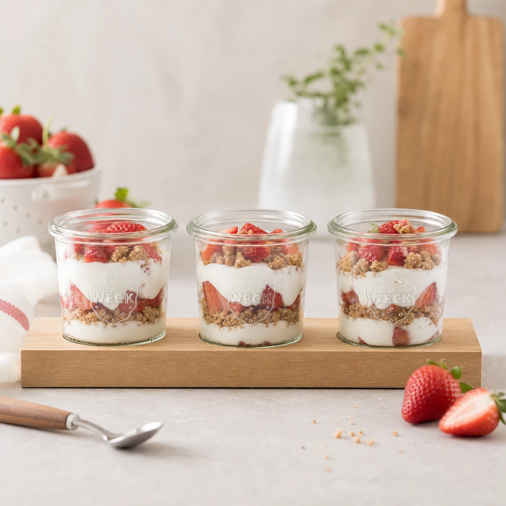 Serveringsbricka Plano3 med 3 Weck-burkar à 140 ml WECK-burkar 140 ml med yoghurt och jordgubbsdessert serveras redo för frukost på en Plano3 serveringsbräda i trä