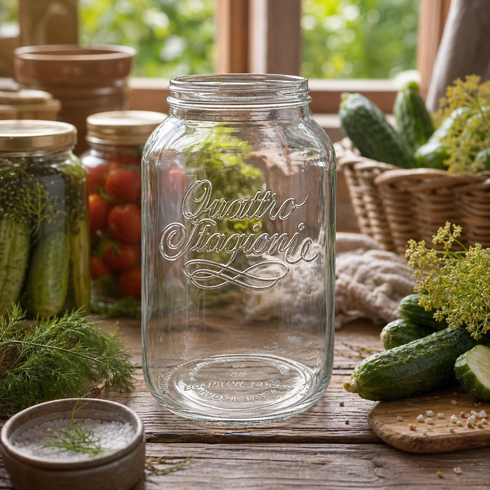 3800ml Quattro Stagioni konserveringsburk tom på ett träbord med gurkor och dill för konservering och konservering