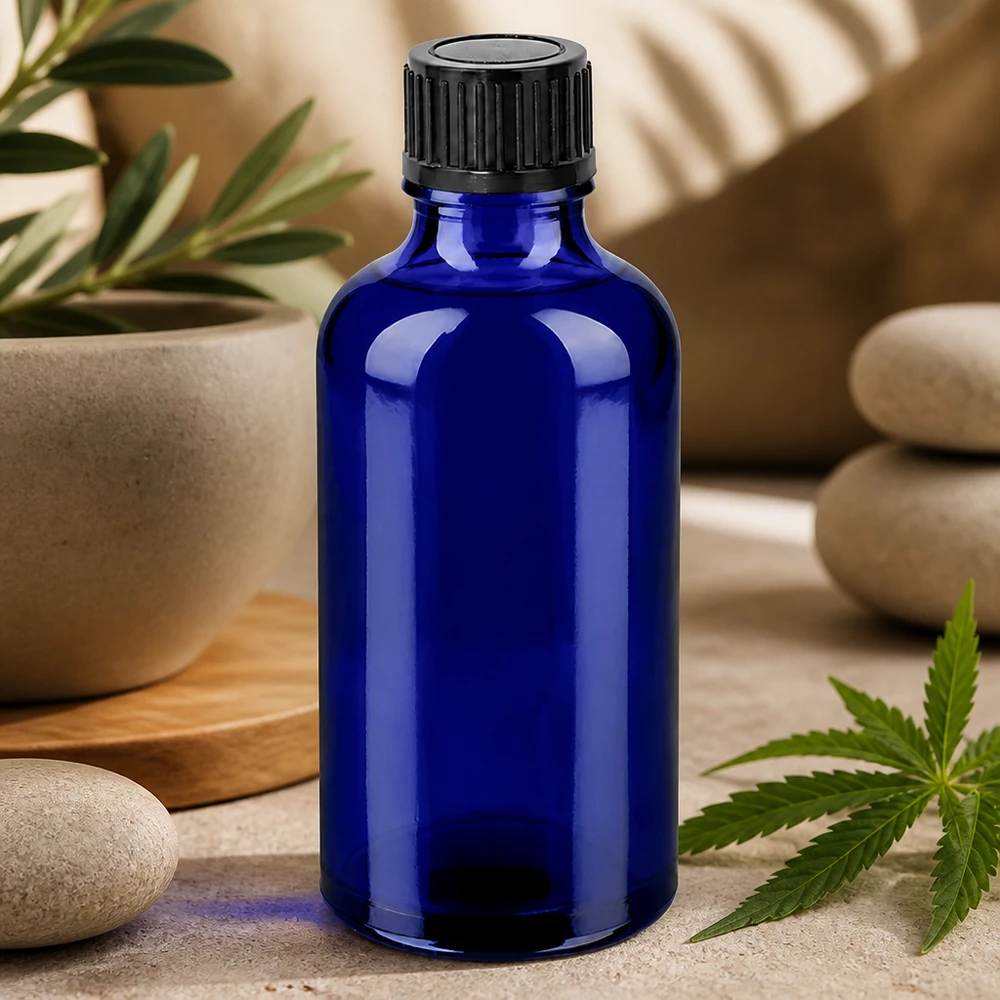 50 ml BlueLine-glasflaska med UV-skydd och svart lock för ljuskänsliga ämnen