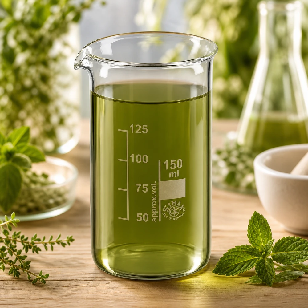 Bägare 150ml borosilikatglas, hög form Ett 150 ml begerglas i hög form med en grön örtvätska, omgivet av färska medicinalväxter