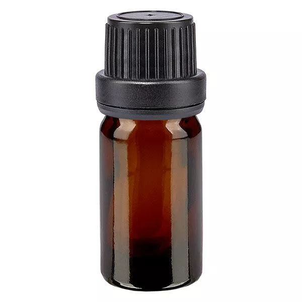 Apoteksflaska brun 5ml droppflaska med hällring 2mm svart sabotagesäkert lock Apoteksflaska brun 5ml droppflaska med hällring 2mm svart sabotagesäkert lock