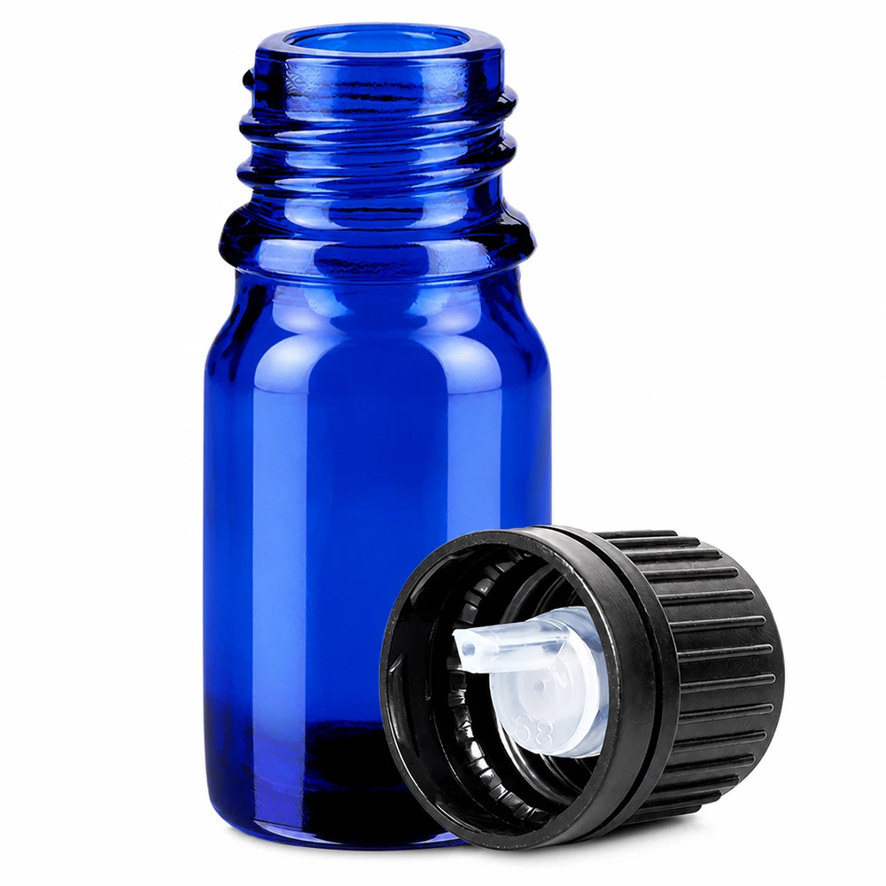 5ml Droppflaska 1mm svart med säkerhetsförslutning BlueLine UT18/5 Blå glasflaska 5 ml med 1 mm droppinsats för exakt dosering av små mängder vätska