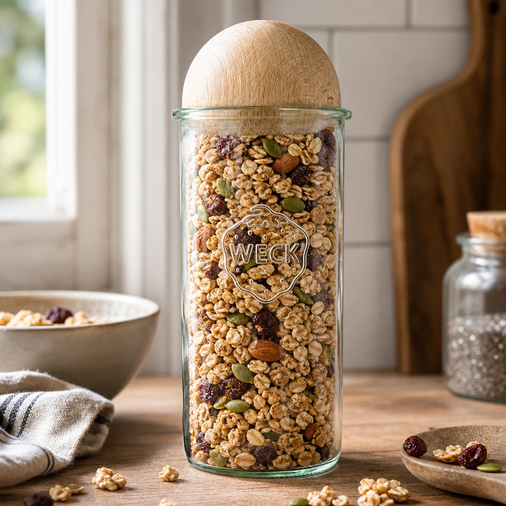 WECK förvaringsburk 1500 ml fylld med müsli och nötter, träkulelock av bok, köksinredning med skål