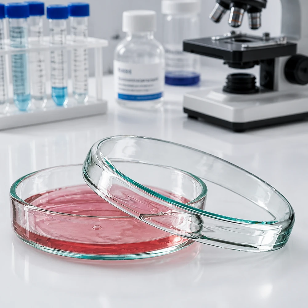 Petriskål 70x15mm av glas Petriskål i glas, 70 x 15 mm, med rött odlingsmedium och avtaget lock i mikrobiologilaboratoriet