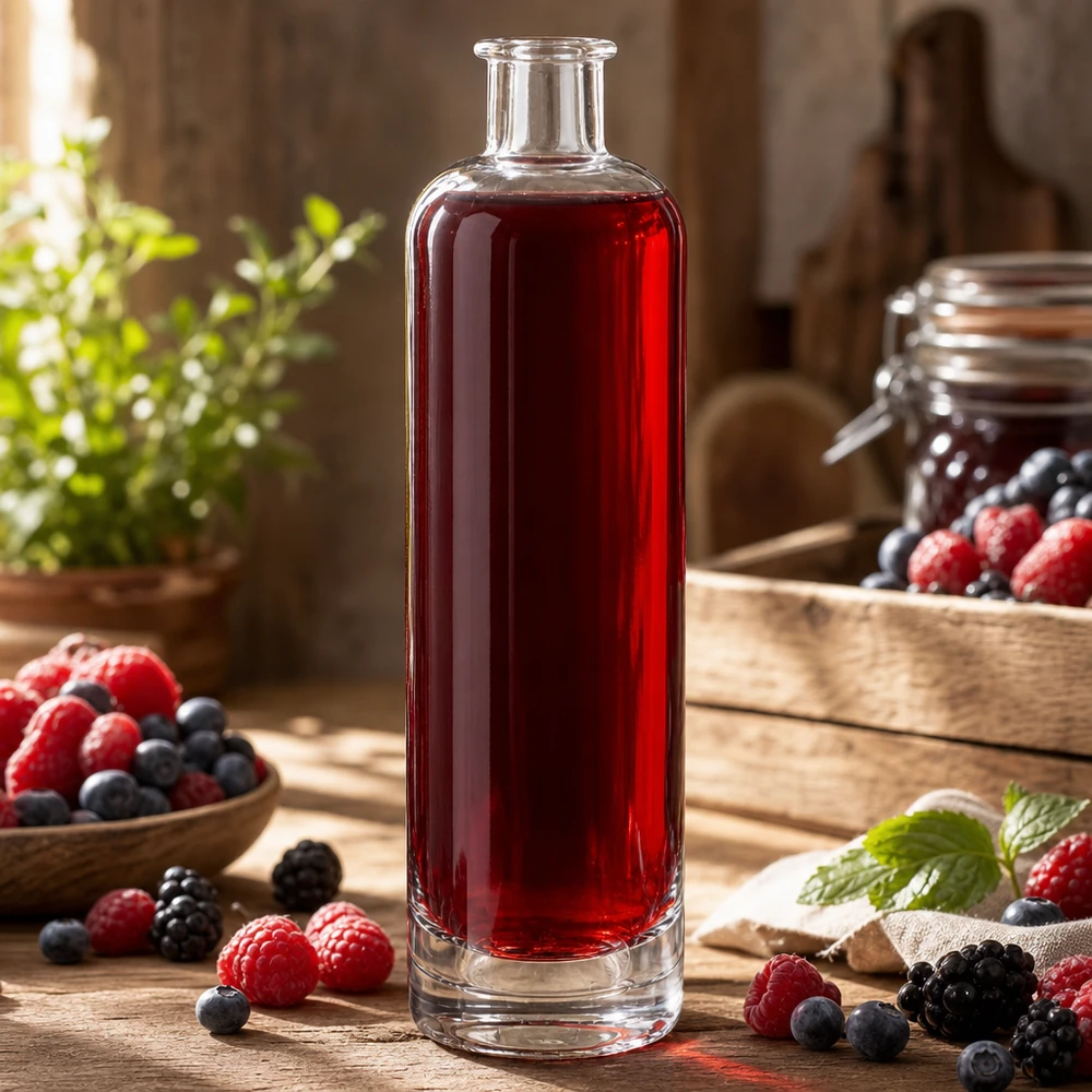 500 ml glasflaska Ella utan lock UNiTWIST® 500 ml glasflaska Ella UNiTWIST fylld med rödbärsjuice omgiven av färska hallon och blåbär