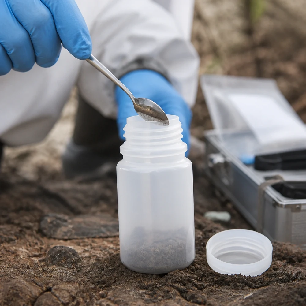 Fältprov för jordanalys med en 50 ml laboratorieflaska i plast med vid hals och en sked utomhus