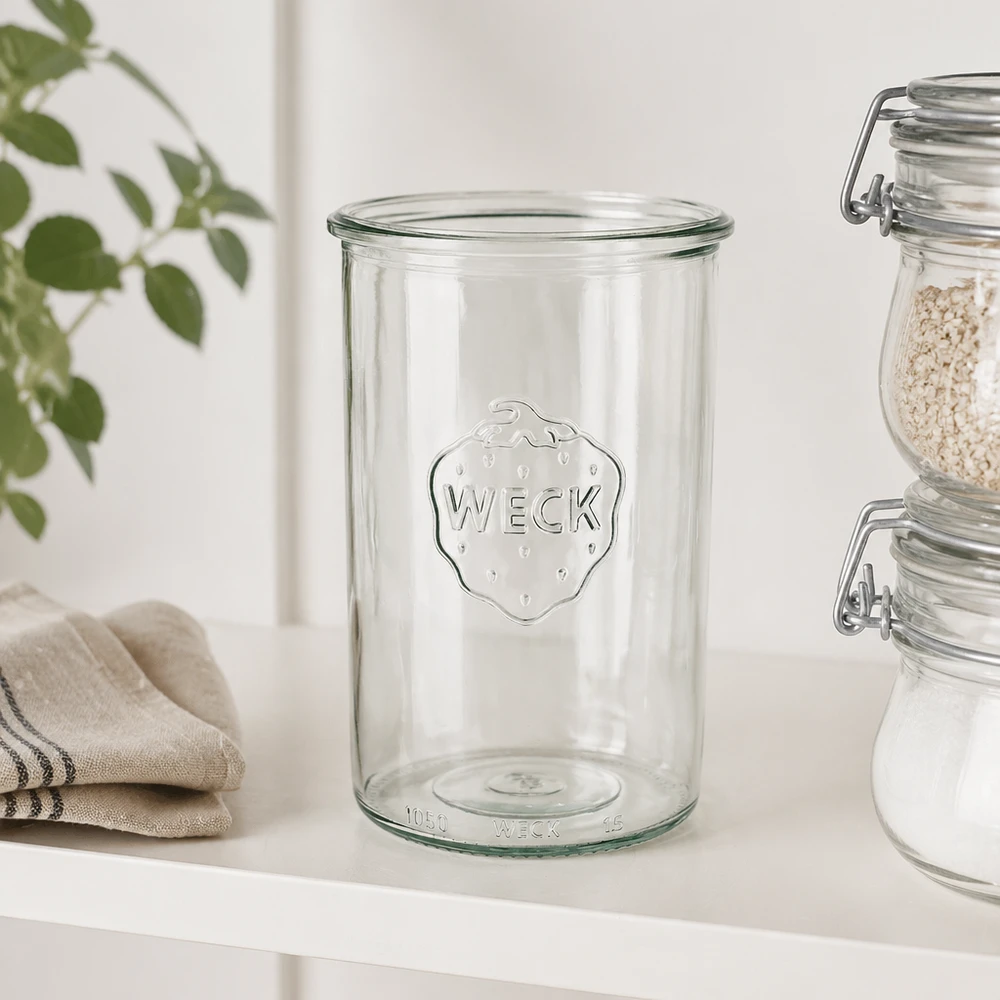 1000 ml burk WECK RR100 WECK 1000 ml RR100 murarburk i klarglas med WECK-logotyp för konservering och förvaring i köket