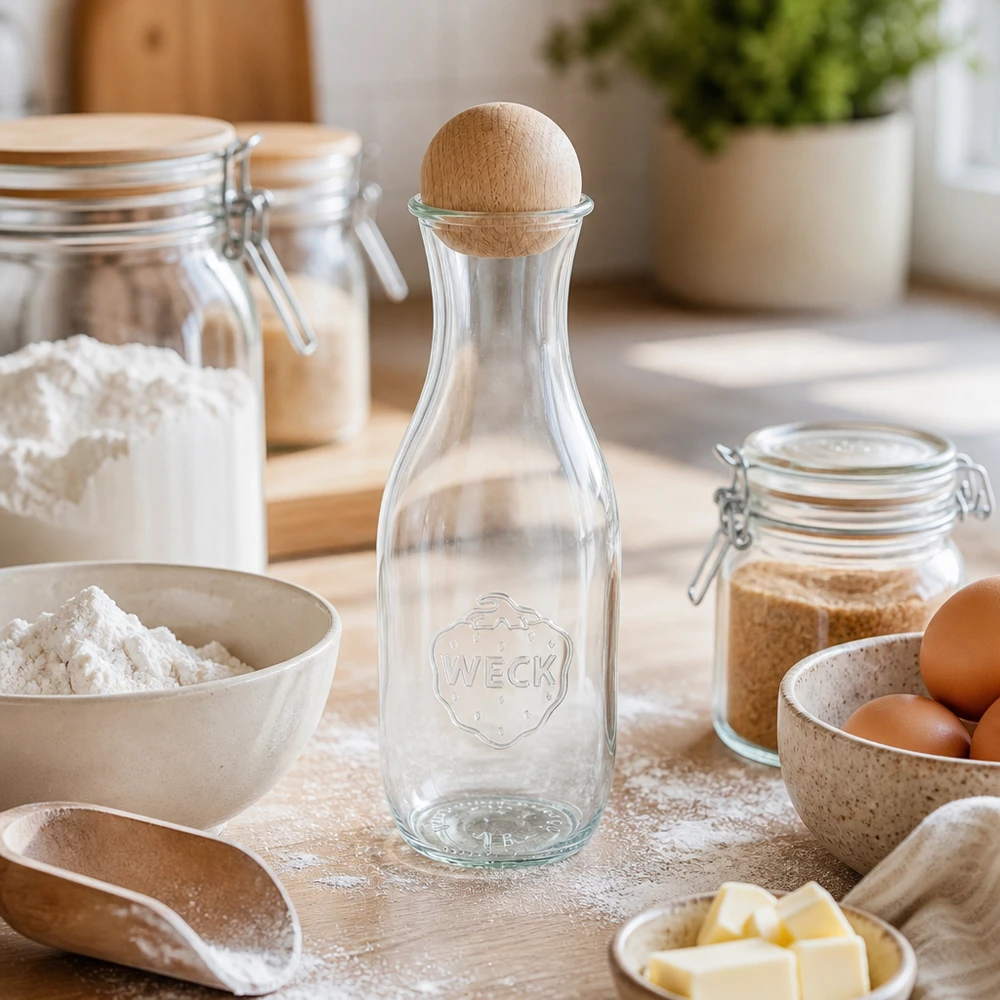 WECK juiceflaska 1062ml RR60 med träkula i bakningskök mellan mjöl, ägg, smör och konserveringsburkar på träbräda