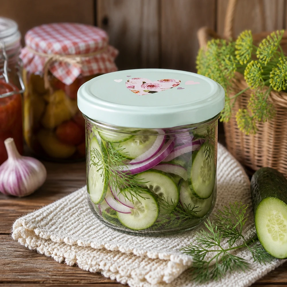 Konserveringsburkar 260 ml med BasicSeal-lock för inlagda gurkor, dill och lök som arrangeras i en rustik köksstil
