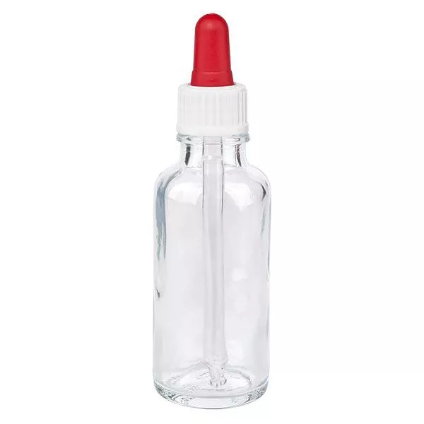 Apoteksflaska klar 30ml pipett vit/röd standard Apoteksflaska klar 30ml pipett vit/röd standard