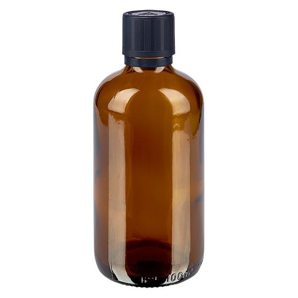 Apoteksflaska brun 100ml dropplock premium 1mm svart barnsäkerhetsanordning blind varningssymbol manipulationsskyddad förslutning