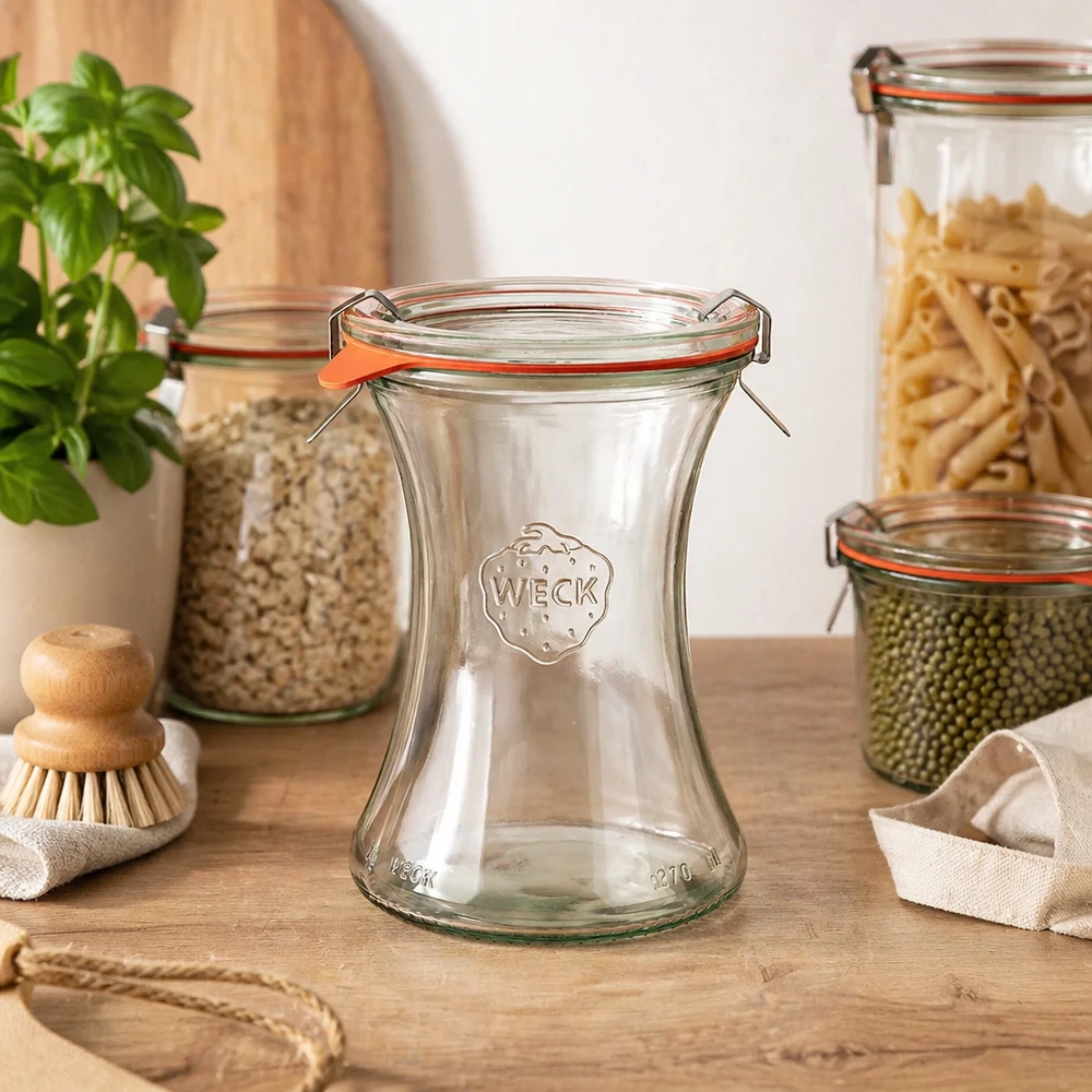 370 ml delikatessburk, komplett WECK RR80 WECK delikatessburk 370ml RR80 i förvaringskök mellan fyllda konserveringsburkar med pasta linser basilika växt