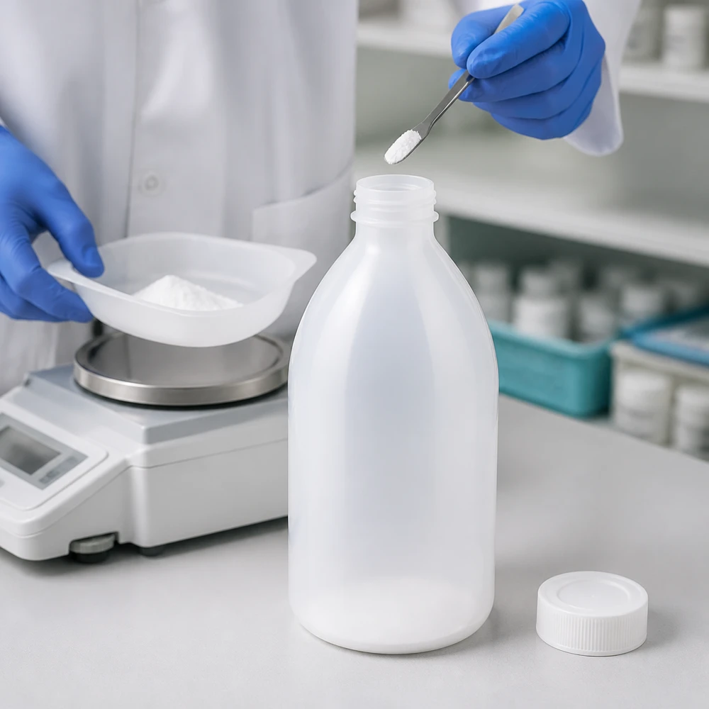 1000ml skruvflaska, laboratorieflaska med smal hals Chemikalienflasche 1000ml Enghals beim professionellen Abfüllprozess mit Schutzhandschuhen