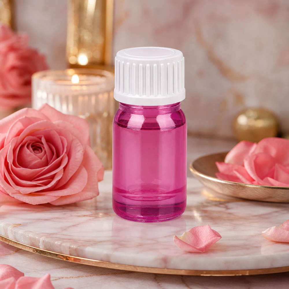 5 ml glasflaska med PurpleLine-design och vitt lock för kosmetiska produkter och eteriska oljor