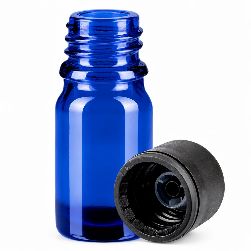 5 ml flaska 6mm skruvkork svart standard BlueLine UT18/5 Blå 5ml glasflaska med skruvlock för kosmetika och apotek professionell