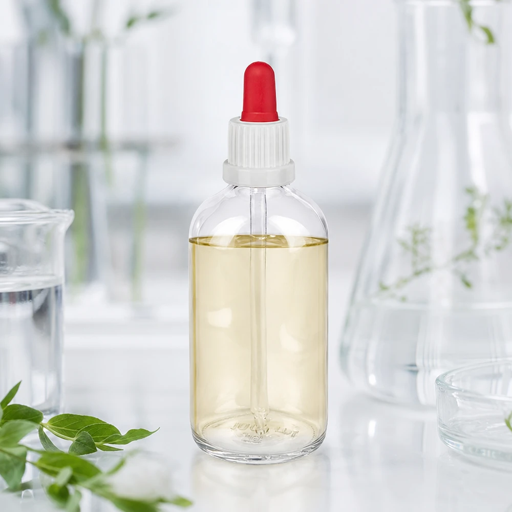 Genomskinlig 100 ml laboratorieflaska med rött silikonlock och vit pipettförslutning ClearLine