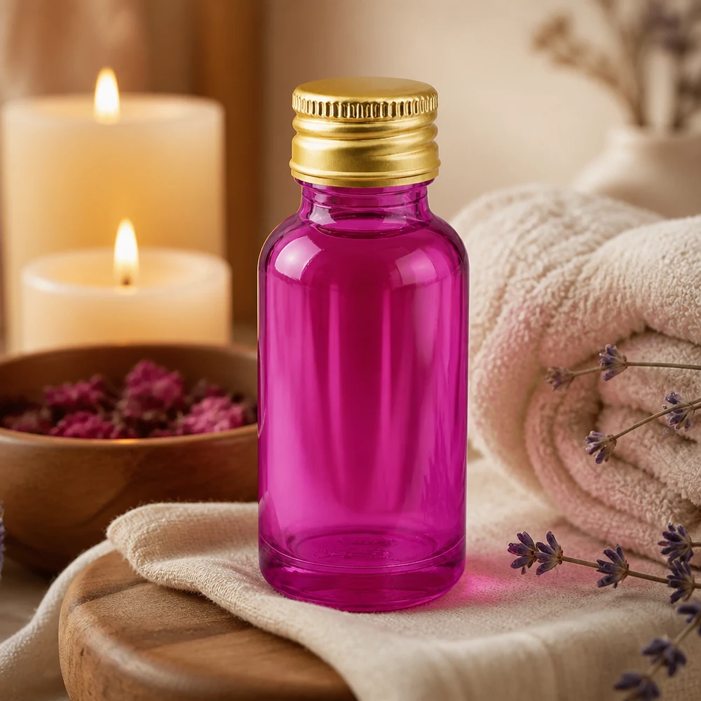 20ml flaska 11mm skruvkork aluminium guld standard PurpleLine. UT18/20 Högkvalitativ 20 ml violett glasflaska med 11 mm standardgänga för professionell aromaterapi
