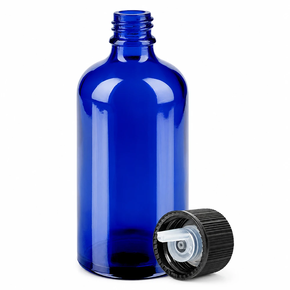 100ml Droppflaska 1mm svart standardförslutning BlueLine UT18/100 100 ml glasflaska blå med 1 mm droppinsats och svart skruvlock för exakt dosering