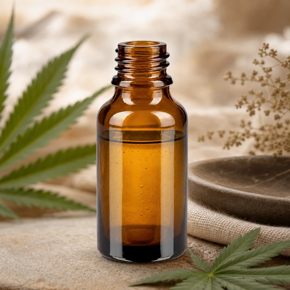 Droppflaska 30 ml DIN 18 bärnstensfärgat glas LOW SHAPE 30 ml brun apoteksflaska ApoGlas med gyllene vätska bredvid cannabisblad och torkade örter