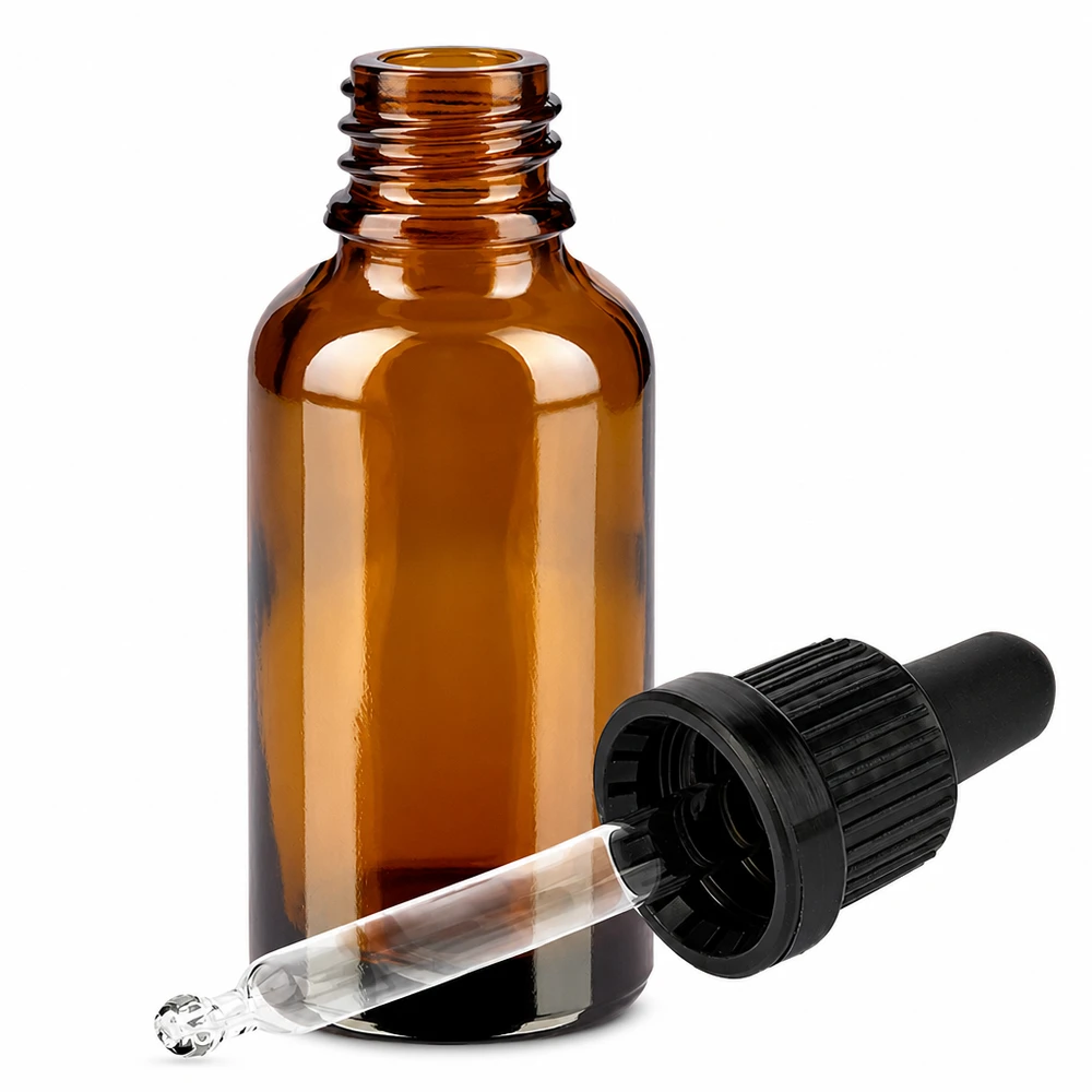 30 ml pipettflaska svart med tamperförslutning BrownLine UT18/30 30 ml pipettflaska av bärnstensfärgat glas med droppipett och svart gänga för exakt dosering