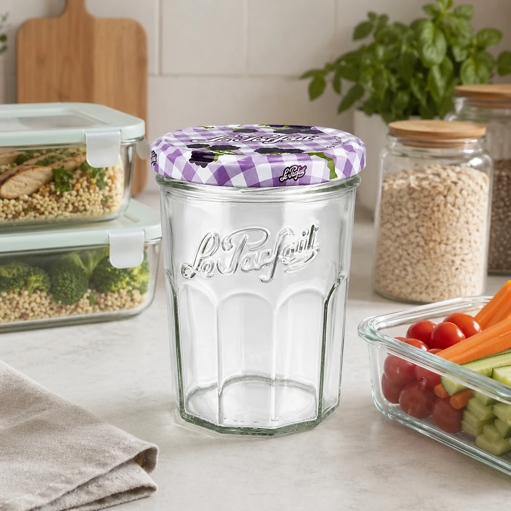 Le Parfait tumblers 385ml i ett modernt kök mellan förvaringsburkar och grönsaker som förvaringslösning