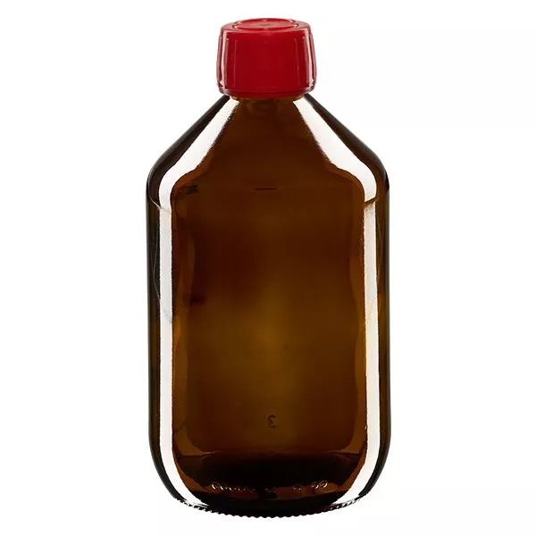 500 ml medicinflaska brun, rött lock med säkerhetsring ApoGlas 500 ml medicinflaska brun, rött lock med säkerhetsring ApoGlas