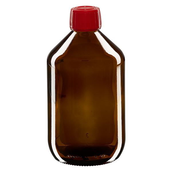500 ml medicinflaska brun, rött lock med säkerhetsring ApoGlas 500 ml medicinflaska brun, rött lock med säkerhetsring ApoGlas