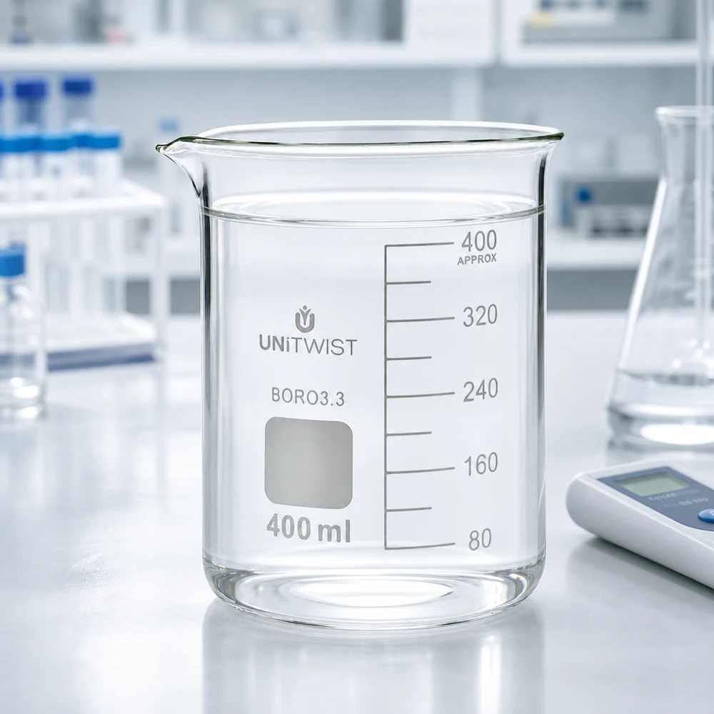 Bägare 400ml borosilikat, lågformad UNiTWIST UNiTWIST bägare, 400 ml, borosilikatglas 3.3, med pip och vit märkningsyta för laboratoriebruk