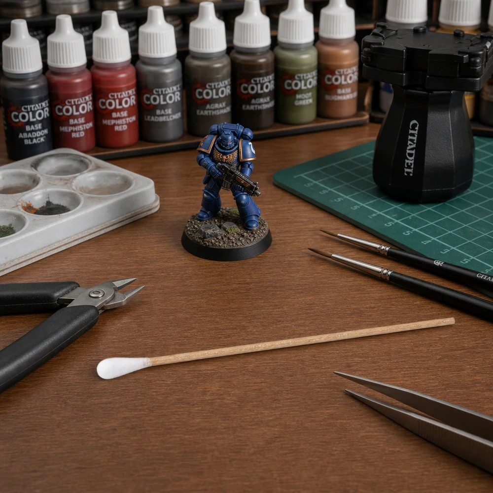 Osteriliserade bomullspinnar vid målning av Warhammer 40K Space Marine-miniatyrer på ett träbord