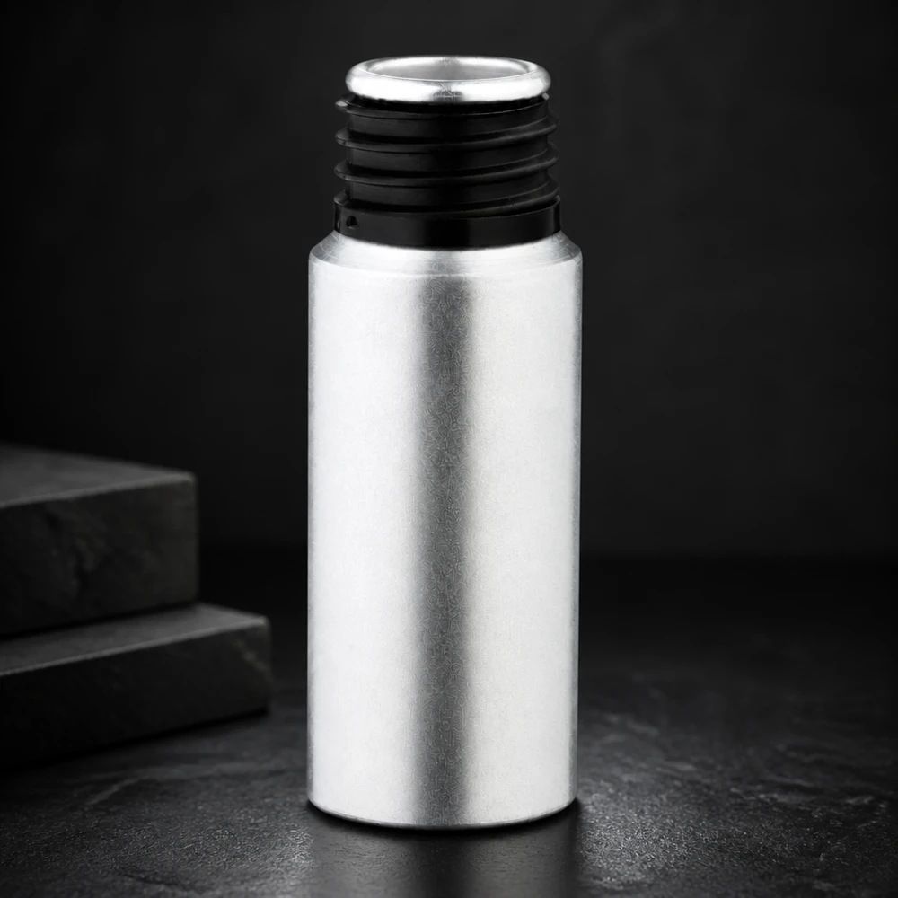 20ml flaska i betad aluminium Elegant 20 ml flaska i färgat aluminium med matt silverfinish och ergonomisk design