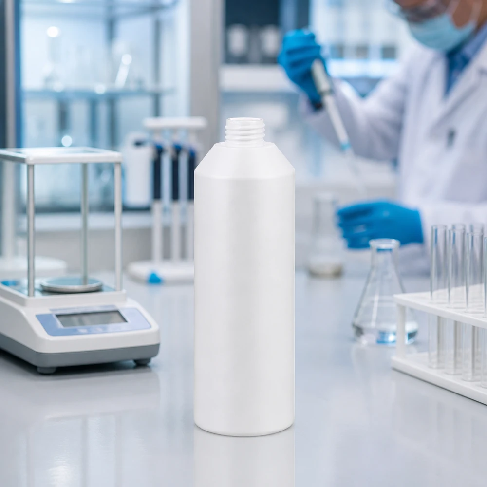Tom vit apoteksflaska, 250 ml, HDPE, utan lock, på ett vitt laboratoriebord