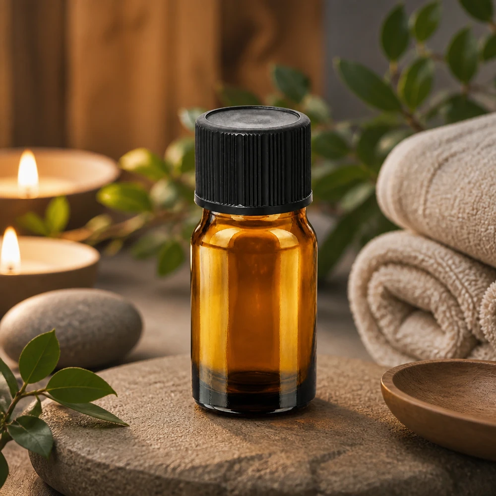 Liten 5 ml bärnstensfärgad glasflaska med svart lock, idealisk för aromaterapi och wellness