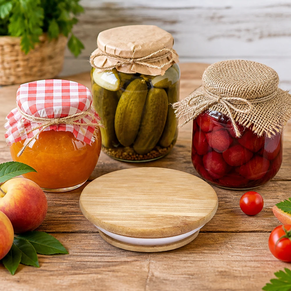 Otryckt trälock (bok) för WECK RR100 Holzdeckel für WECK Gläser RR100 im Einsatz bei der Konservierung von Gurken Marmelade und eingelegtem Obst