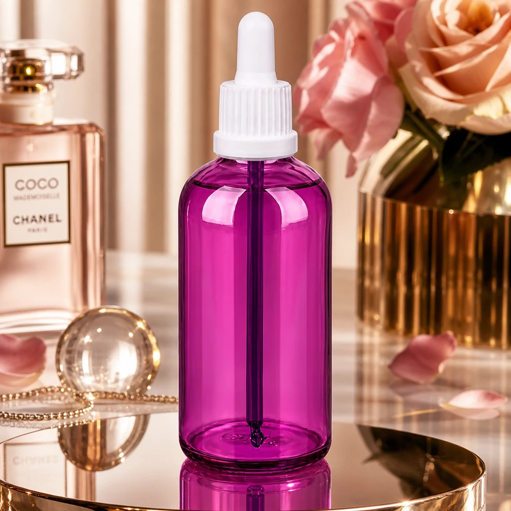 100ml pipettflaska vit Originality skruvkork PurpleLine UT18/100 PurpleLine pipettflaska 100ml i violett med vit droppare för aromaterapi och hudvård